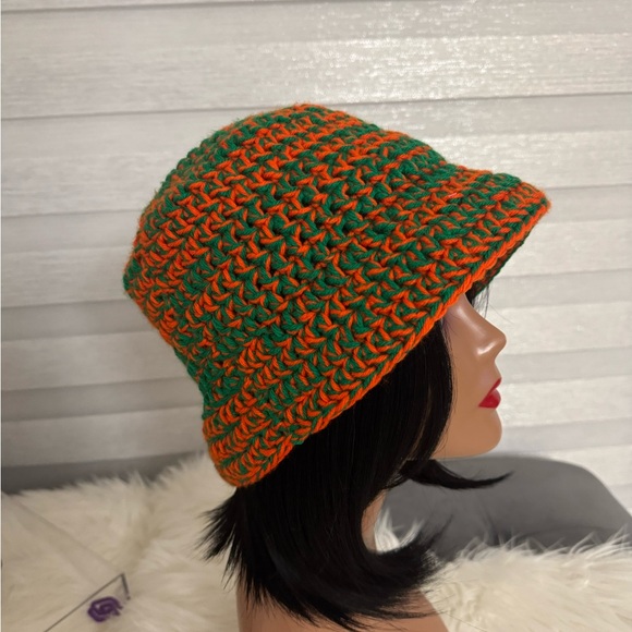 Handmade Crochet bucket hat in orange and green - Picture 3 of 6